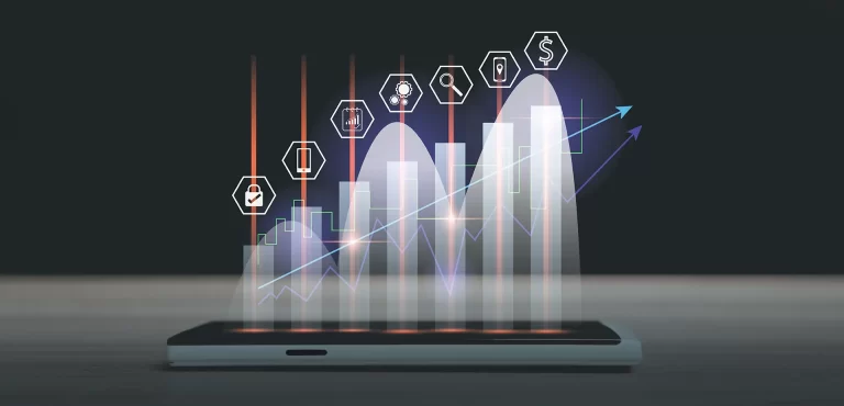 A tablet laying flat with a graph projected out that is increasing as it progresses.